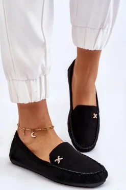 Boto Damskie Zamszowe Mokasyny Z Ozdobą Czarne Leah