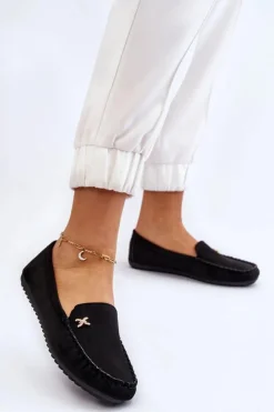 Boto Damskie Zamszowe Mokasyny Z Ozdobą Czarne Leah