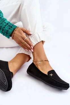 Boto Damskie Zamszowe Mokasyny Z Ozdobą Czarne Leah