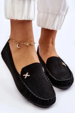 Boto Damskie Zamszowe Mokasyny Z Ozdobą Czarne Leah