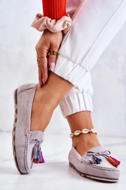 Outlet Boto Damskie Zamszowe Mokasyny Szare Wilessa