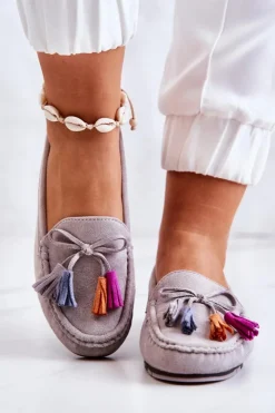 Outlet Boto Damskie Zamszowe Mokasyny Szare Wilessa