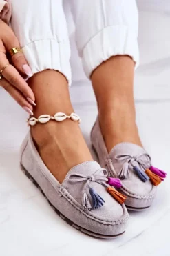 Outlet Boto Damskie Zamszowe Mokasyny Szare Wilessa