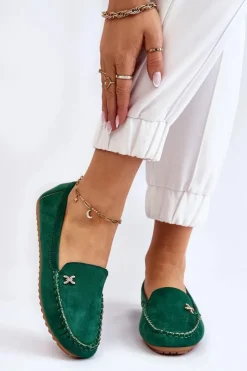 Damskie Boto Damskie Zamszowe Mokasyny Z Ozdobą Zielone Leah