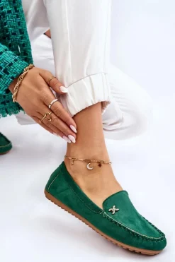 Damskie Boto Damskie Zamszowe Mokasyny Z Ozdobą Zielone Leah