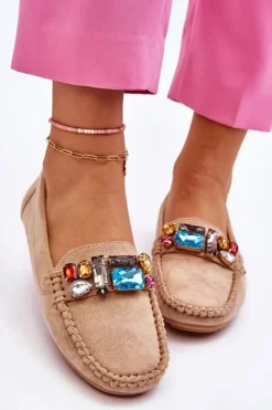 Damskie Evento Damskie Zamszowe Mokasyny Z Kryształkami Beżowe Lucille