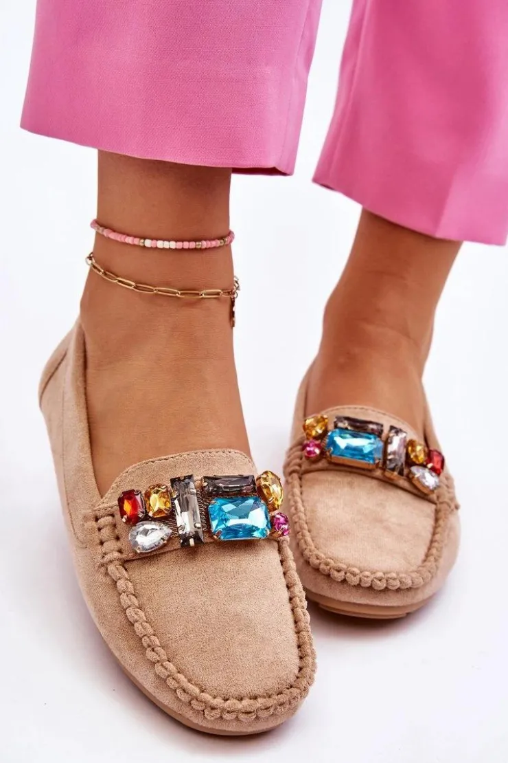 Damskie Evento Damskie Zamszowe Mokasyny Z Kryształkami Beżowe Lucille