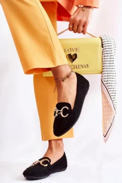 Boto Damskie Zamszowe Mokasyny Z Ozdobą Czarne Reality