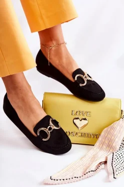 Boto Damskie Zamszowe Mokasyny Z Ozdobą Czarne Reality