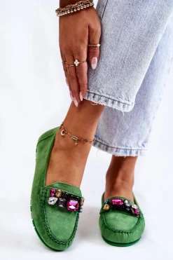 Damskie Boto Damskie Zamszowe Mokasyny Z Ozdobami Zielone Janetta