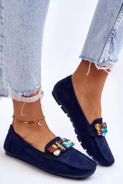 Evento Loafersy Damskie|Mokasyny Damskie Zamszowe*Damskie Zamszowe Mokasyny Z Kryształkami Granatowe Lucille