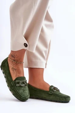 Boto Mokasyny Damskie Zamszowe*Damskie Zamszowe Mokasyny Na Płaskiej Podeszwie Zielone Appia
