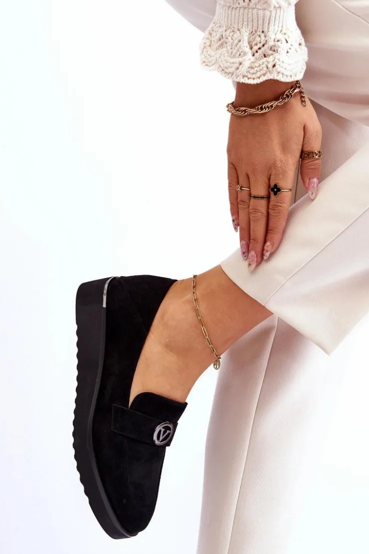 Buty damskie Vinceza Mokasyny Damskie Zamszowe*Damskie Zamszowe Mokasyny Na Niskim Koturnie Czarne Synthia