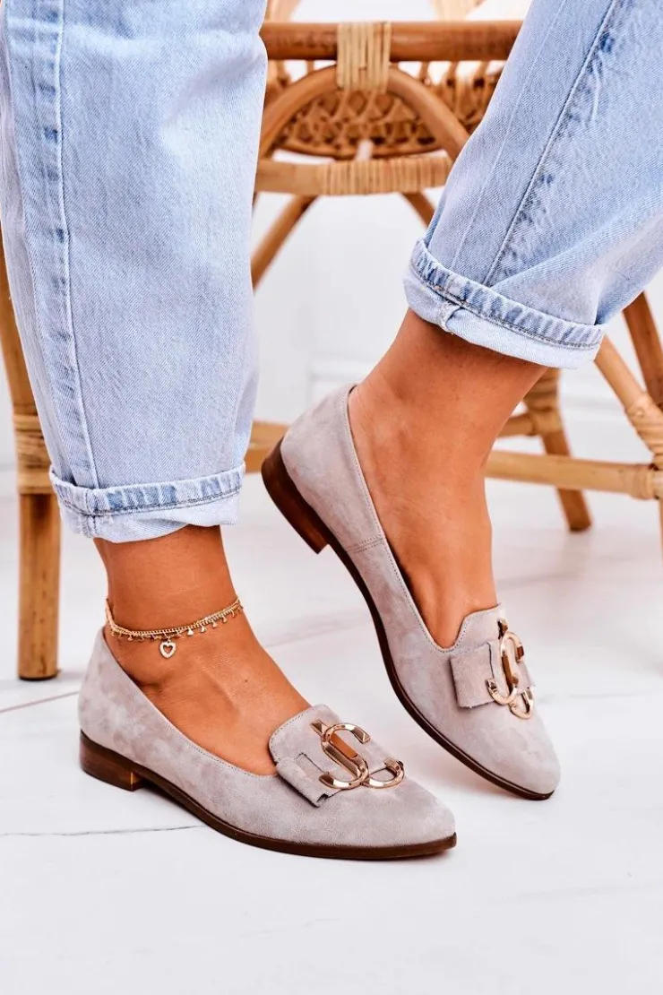 Damskie Boto Damskie Zamszowe Mokasyny Baleriny Beżowe Mary-Jane