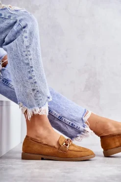 Boto Mokasyny Damskie Zamszowe*Damskie Zamszowe Mokasyny Z Łańcuszkiem Camel Nolie