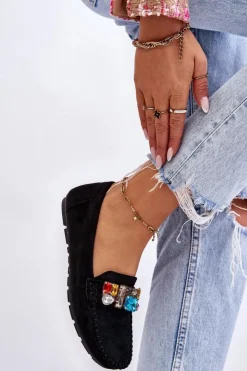 Damskie Evento Damskie Zamszowe Mokasyny Z Kryształkami Czarne Lucille