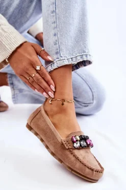 Discount Boto Damskie Zamszowe Mokasyny Z Ozdobami Beżowe Janetta