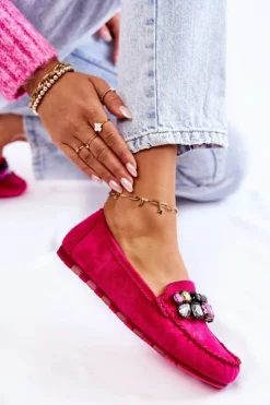Boto Damskie Zamszowe Mokasyny Z Ozdobami Fuksja Janetta