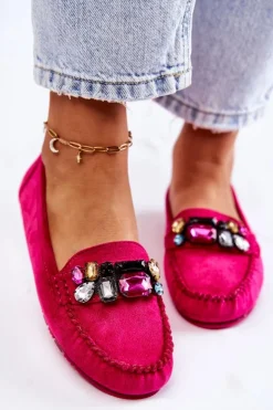 Boto Damskie Zamszowe Mokasyny Z Ozdobami Fuksja Janetta