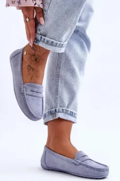 Boto Damskie Zamszowe Mokasyny Niebieskie Lenvie