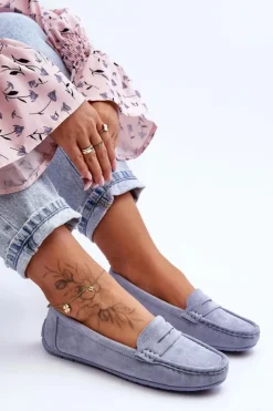 Boto Damskie Zamszowe Mokasyny Niebieskie Lenvie