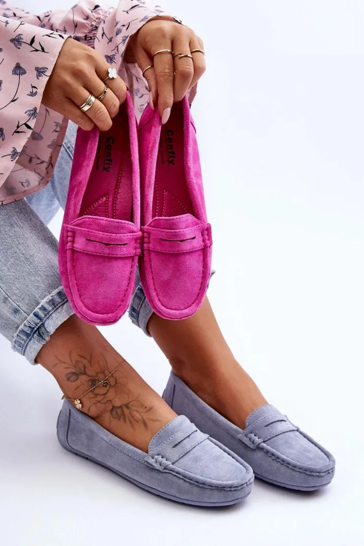 Boto Damskie Zamszowe Mokasyny Niebieskie Lenvie