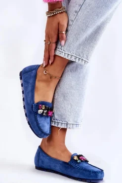 Boto Mokasyny Damskie Zamszowe*Damskie Zamszowe Mokasyny Z Ozdobami Niebieskie Janetta