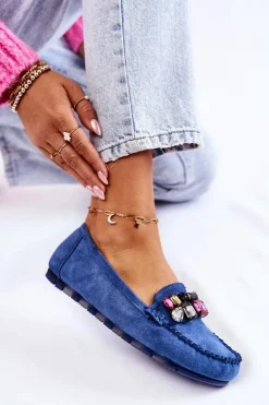 Boto Mokasyny Damskie Zamszowe*Damskie Zamszowe Mokasyny Z Ozdobami Niebieskie Janetta