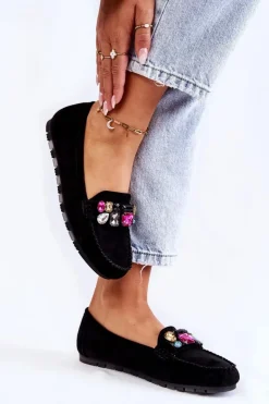 Boto Mokasyny Damskie Zamszowe*Damskie Zamszowe Mokasyny Z Ozdobami Czarne Janetta