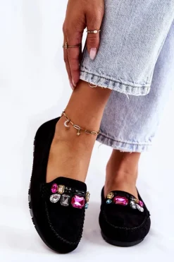 Boto Mokasyny Damskie Zamszowe*Damskie Zamszowe Mokasyny Z Ozdobami Czarne Janetta