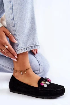 Boto Mokasyny Damskie Zamszowe*Damskie Zamszowe Mokasyny Z Ozdobami Czarne Janetta
