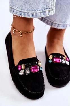 Boto Mokasyny Damskie Zamszowe*Damskie Zamszowe Mokasyny Z Ozdobami Czarne Janetta