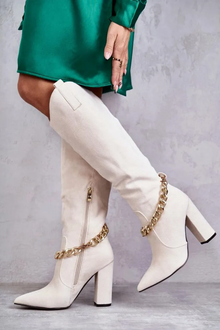 New Boto Damskie Zamszowe Ocieplane Kozaki Z Łańcuchem Jasnobeżowe Jasmin