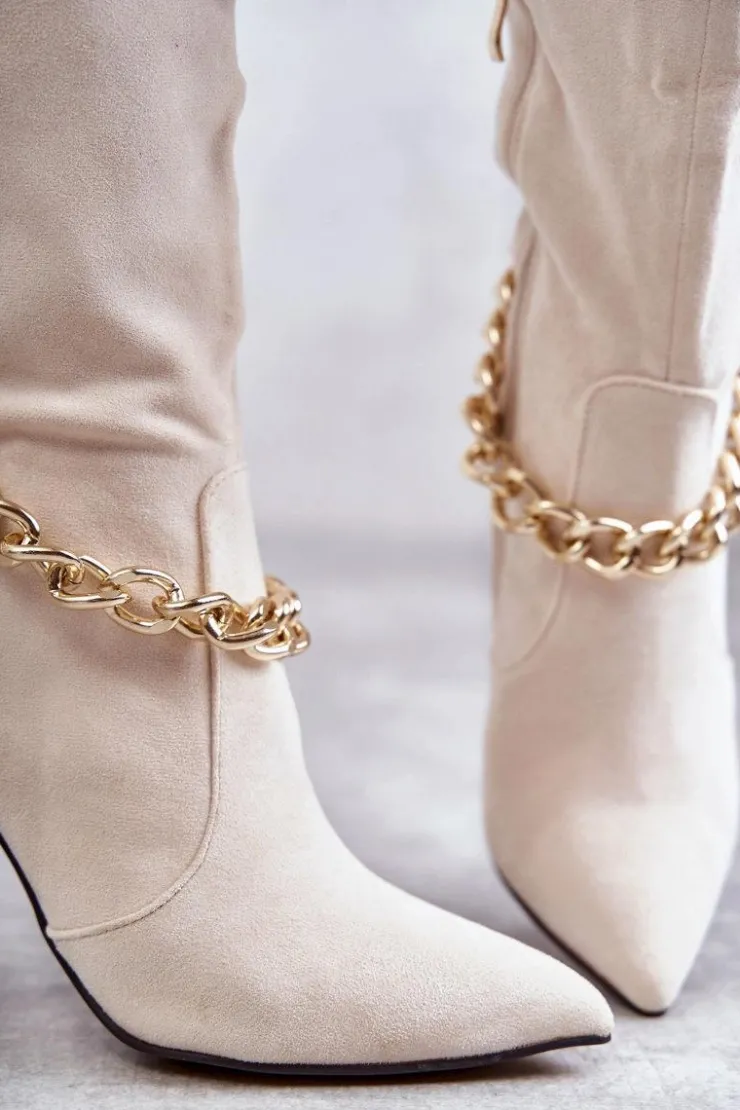 New Boto Damskie Zamszowe Ocieplane Kozaki Z Łańcuchem Jasnobeżowe Jasmin