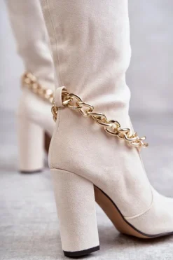 New Boto Damskie Zamszowe Ocieplane Kozaki Z Łańcuchem Jasnobeżowe Jasmin