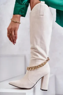 New Boto Damskie Zamszowe Ocieplane Kozaki Z Łańcuchem Jasnobeżowe Jasmin