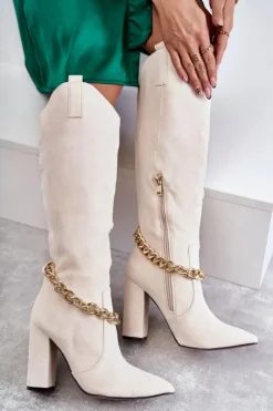 New Boto Damskie Zamszowe Ocieplane Kozaki Z Łańcuchem Jasnobeżowe Jasmin