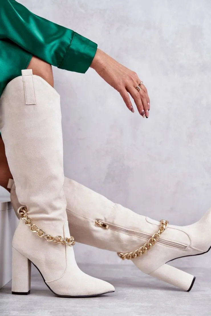 New Boto Damskie Zamszowe Ocieplane Kozaki Z Łańcuchem Jasnobeżowe Jasmin