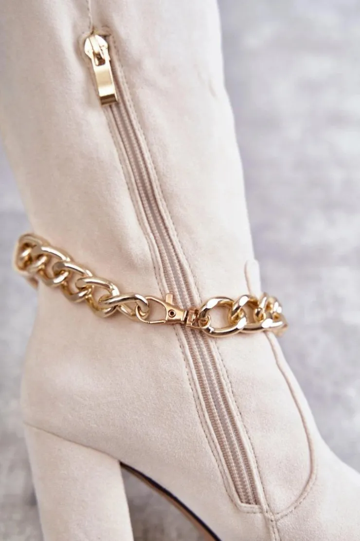 New Boto Damskie Zamszowe Ocieplane Kozaki Z Łańcuchem Jasnobeżowe Jasmin