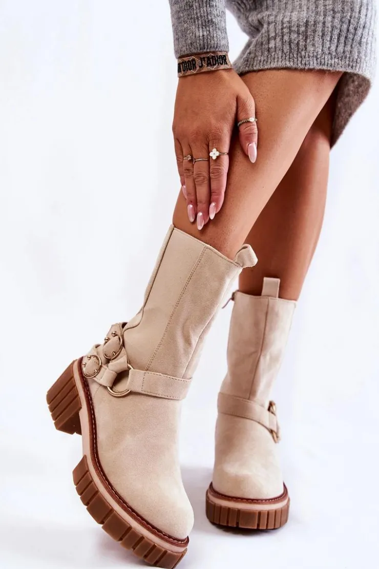 Evento Botki Zimowe Damskie|Brązowe I Beżowe Botki*Damskie Zamszowe Ocieplane Botki Workery Beżowe Brinnon