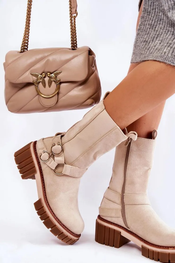 Evento Botki Zimowe Damskie|Brązowe I Beżowe Botki*Damskie Zamszowe Ocieplane Botki Workery Beżowe Brinnon