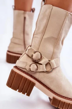 Evento Botki Zimowe Damskie|Brązowe I Beżowe Botki*Damskie Zamszowe Ocieplane Botki Workery Beżowe Brinnon