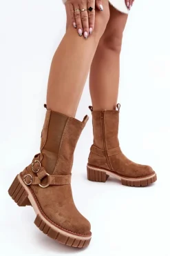 Evento Botki Zimowe Damskie|Brązowe I Beżowe Botki*Damskie Zamszowe Ocieplane Botki Workery Camel Brinnon