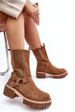 Evento Botki Zimowe Damskie|Brązowe I Beżowe Botki*Damskie Zamszowe Ocieplane Botki Workery Camel Brinnon