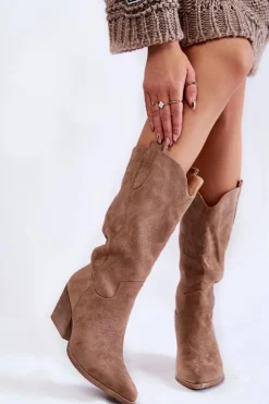 Boto Kozaki Przed Kolano|Kozaki Na Obcasie*Damskie Zamszowe Ocieplane Kozaki Kowbojki Beżowe Caterina