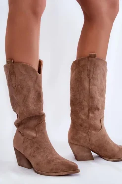 Boto Kozaki Przed Kolano|Kozaki Na Obcasie*Damskie Zamszowe Ocieplane Kozaki Kowbojki Beżowe Caterina