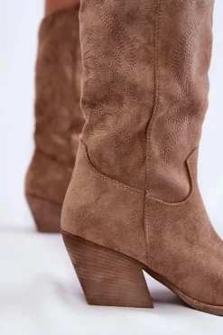 Boto Kozaki Przed Kolano|Kozaki Na Obcasie*Damskie Zamszowe Ocieplane Kozaki Kowbojki Beżowe Caterina