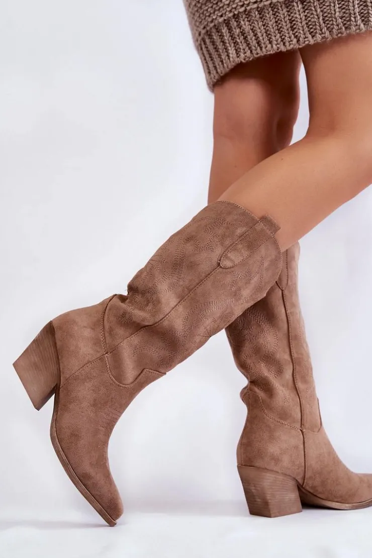 Boto Kozaki Przed Kolano|Kozaki Na Obcasie*Damskie Zamszowe Ocieplane Kozaki Kowbojki Beżowe Caterina
