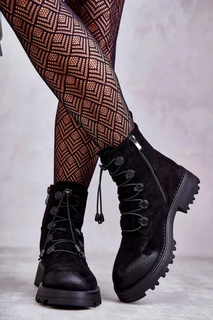 Clearance Boto Damskie Zamszowe Ocieplane Botki Ze Ściągaczem Czarne Helia