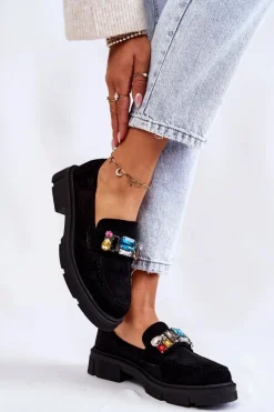 Outlet Boto Damskie Zamszowe Półbuty Loafery Z Ozdobą Czarne Karlott